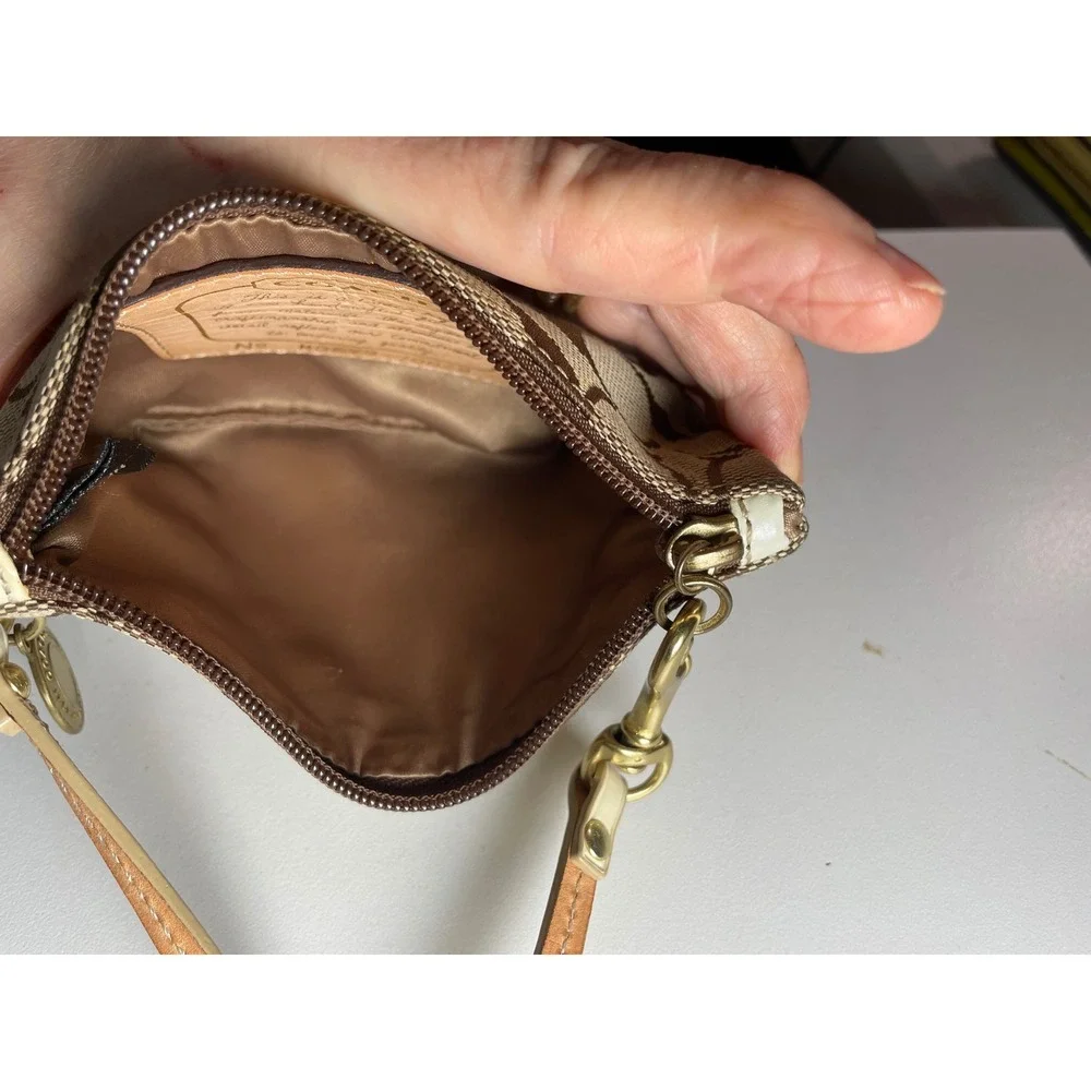 Coach Signature C Monogram Wristlet Pouch Brown Tan‎ Canvas Leather Strap